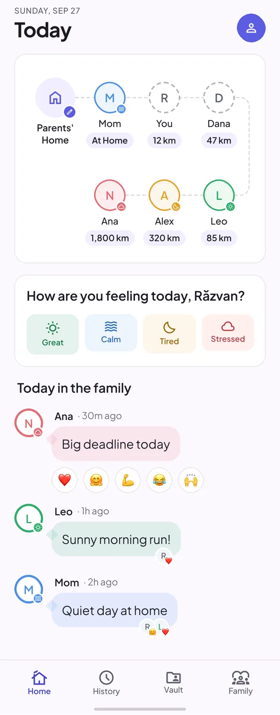 Today: everyone's vibe around Parents' Home, the daily check-in, and the family feed